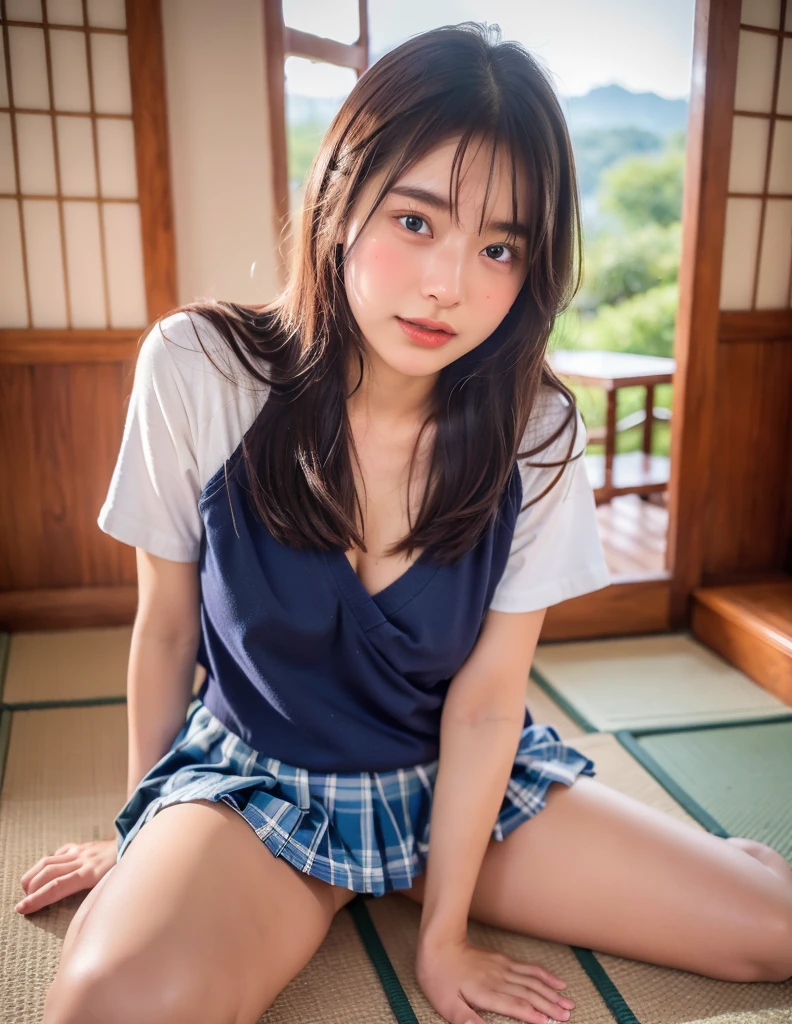 (natta:1.7), East Asian Architecture, 1womanl,Selfie,((Angle from below:1.3)),Focus on the crotch:1.3,((Women in love:1.3)),kiss,Sleeping on a tatami mat,((Realistic skin without makeup:1.5)),((Bare breasts and thighs visible through gaps in clothing)),(Underwear partially wet with sweat stains:1.3),Small head,((Grabbing my underwear:1.5)),((Spreading her legs))、((Beautiful thighs))、I'm opening my mouth a little、(Erect nipples:1.2), brunette color hair,Medium Short Hair、((innocent)),(hair between eye), Lip flap, ,Beautiful fingers,Beautiful long legs,Beauty Body,Cute nose,Beautiful character design,perfect eyes,face perfect,looking at viewert,(Innocent_Big_eyes:1.0),They are raising their hands and having fun.,(light_Smile:0.3),((In the middle of taking off the skirt:1.2))、((Bold Pose))、Open atmosphere、Intimate atmosphere、Half-taken clothes、Shy expression、Embarrassing、((Her clothes are disheveled and her skin is showing))、offcial art,Very detailed CG Unity 8k wallpaper,Perfect litthing,highly colorful,Bright_front_Face_Lighting,(tmasterpiece:1.0),(Best_quality:1.0), 超A high resolution,4K,ultra - detailed, photography of, 8k, nffsw, hight resolution, absurderes:1.2, Kodak portra 400, film grains, the background is blurred, bokeh:1.2, Lens Flare Glow, ( Vibrant_colour:1.2) (Beautiful,Large_breasts:1.4), (Beautiful_Face:1.5),((full body)),8k,Raw photo, 、Relax at a ryokan in Japan、The background is the open-air bath at night at a hot spring inn (Girls are not subjects:1.3) (Hair after a bath:1.3),(Hair is wet:1.3) ((Girls are not subjects:1.2))((Draw a wide night background:1.2),((Simple Japanese high school uniform:1.5)),((The background is the entrance living room、At night, Overlooking the inn's large and beautiful gardens..:1.3)),((8th class))、 ((Beautiful shiny straight short long:1.5)) sixteen years old、((Beautiful shiny straight short long:1.5))、(private),(Photos taken by lovers)、(Sophia Lillis)、(Secret photos)、((Beautiful barefoot))、((Relaxed and bold posture))