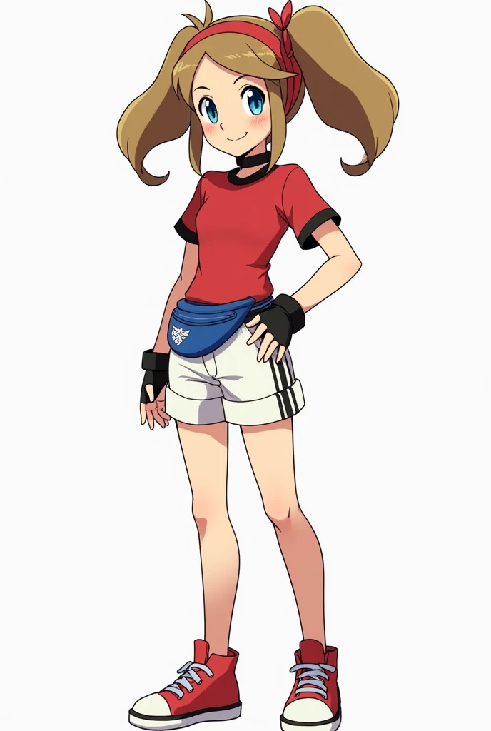 May is a slim and toned young woman, with light brown hair that falls in two soft, silky pigtails to her shoulders. Her big blue eyes, almost sapphire, shine with enthusiasm, while her clear, smooth skin has a slight natural blush. He wears a red short-sleeved T-shirt, tight to the torso, with black edges on the collar and sleeves. A black ribbon surrounds her waist, not just adjusting the shirt, but hiding a secret inner pocket. His white shorts, with double stitching for durability, They have a small Pokémon League badge embroidered in silver thread on one of the side pockets., a detail that reflects her aspiration to be an elite coach. May also wears a blue fanny pack around her waist., with a hidden compartment for important items. Her signature red scarf is tied neatly around her head., with ends that fall symmetrically down her back. The black fingerless gloves he wears are made of a strong yet flexible material., allowing you a firm grip. Finally, his red sneakers, with white details and a non-slip sole, They are equipped with high-strength cords, ensuring that you are always ready for any adventure.