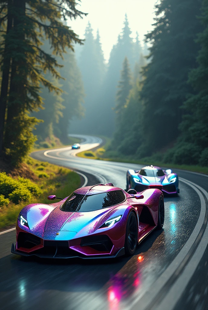Trippy futuristic sportcars driving in a washington highway full of trees