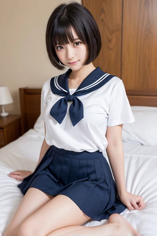 (Highest quality, masterpiece, Ultra-high resolution, (Realistic:1.4), RAW Photos), Japanese,My name is Akane。(Akane),Facing forward、Looking at me with a shy look on his face。,Spread your legs, student girls, Good figure, (Upturned buttocks, Beautiful and sexy ass), Small breasts, Like a flat chest,She is incredibly beautiful、young。.々Have a good face, Very cute smile, Young but sexy,Black Hair, Bob or short hair, Pure and innocent face,Sweat runs all over the body, She is wearing a classic white summer sailor uniform。, The ribbon on the sailor suit is red。,Wearing a dark blue pleated skirt,The skirt is short,Sitting in bed at home,Spread your legs座る,White small panties are clearly visible from the skirt。,Her panties are digging in and creating vertical lines。,Full body shot。Full body shot from the front。
