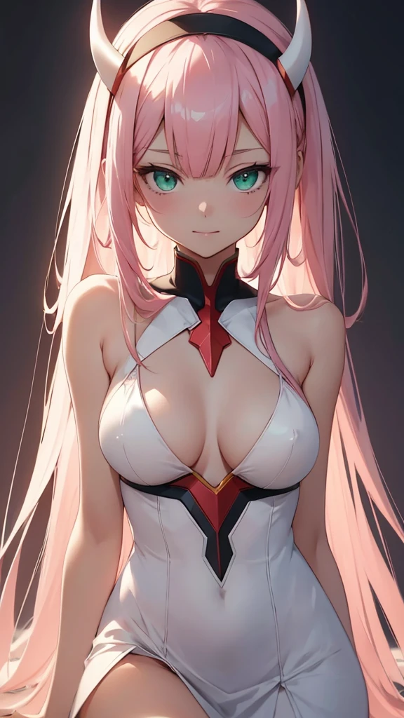 anime girl, zero two, 002 from Darling in the Franxx (Best Quality,4k,8k,High resolution,masterpiece:1.2), ultra detailed, (animated art style:1.37), Portraits, Alone, A girl, by the wide, beautiful detailed horns, pink hair, pantimedia added, impressive breasts, delicate hairband, lovely smile, Captivating look, black pantyhose, medium breasts, white hairband, simple background, elegant arms behind the head, Elegant arms up, stylish bangs, fascinating green eyes, detailed eye, ELEGANT DRESS, delicate mouth closed, Red color_xs_and_Women&#39;s lace & Lencería babanddoll floral por encima de la rodilla de red, fiery red horns, exquisite lingerie, Stunning red lingerie, seductive lingerie, cascading verand by the wide, straight hair, confident standing pose, Elegant tie.