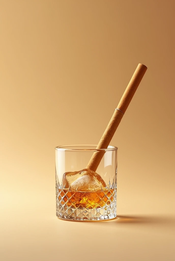 smaller short glass of wiskey with many cristal details and ice inside taking a realistic photo with beige background and in the air with a brown cigarrete outside of the glass bigger without fire
