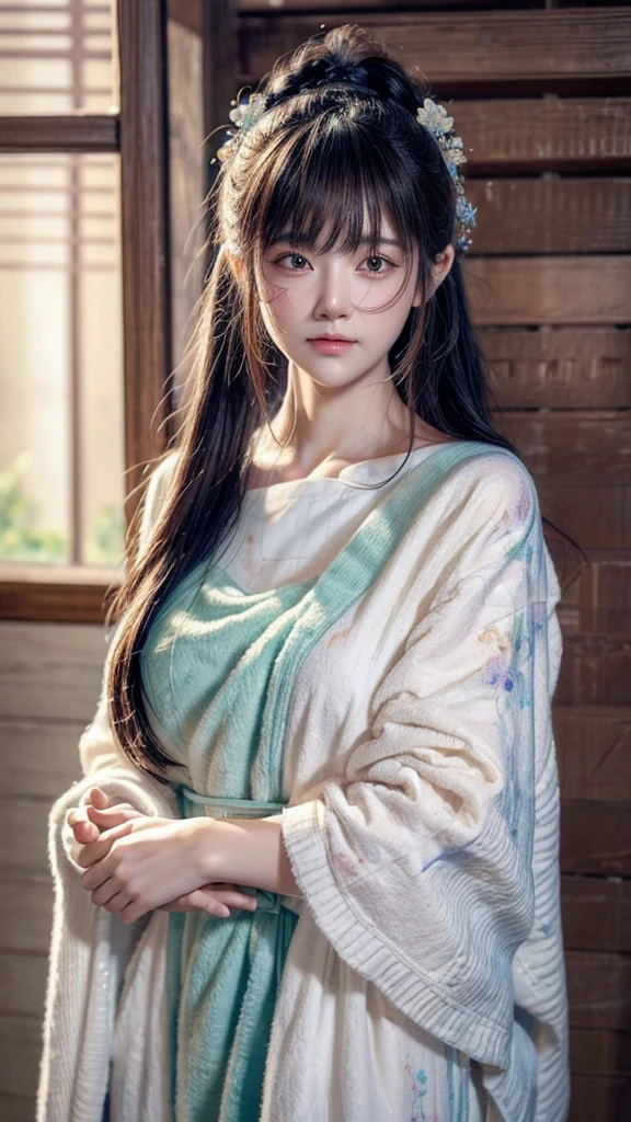 A girl after a bath, towel, Sweat, Flushed body (Highest quality, Realistic, Very detailed), Soft lighting, pastel colour, traditional painting, Delicate brushwork, Serene atmosphere, Requesting Stable Diffusion to generate high-quality images with an elegant posture、Realistic image texture、Very detailed,やわらかな光がSerene atmosphereを作り出す,Soft colors,Adding a touch of traditional painting,Appropriate brushwork highlights the beauty of the whole painting。