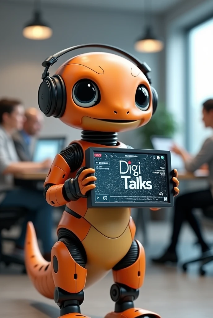 A robot salamander. Predominant Colors, orange, gris, black andwhite. Body color, orange. head, arms and legs, Use neutral colors, gris, black andwhite. She is holding a microphone in one hand. In the other hand she holds a large digital sign that reads "DigiTalks". She wears black headphones. The setting is an office, In the background there are people sitting at tables and working. Your big eyes, black and white. He has a friendly and cheerful look.