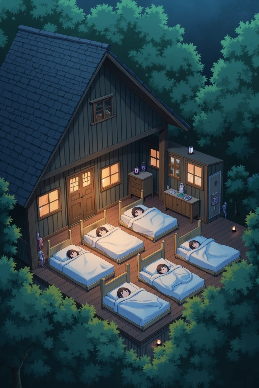 House in the woods full of high school girls in their night time clothes all sleeping in a big room with 6 beds