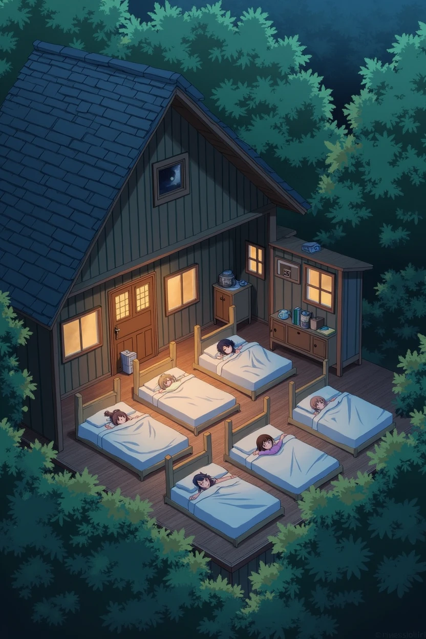 House in the woods full of high school girls in their night time clothes all sleeping in a big room with 6 beds 