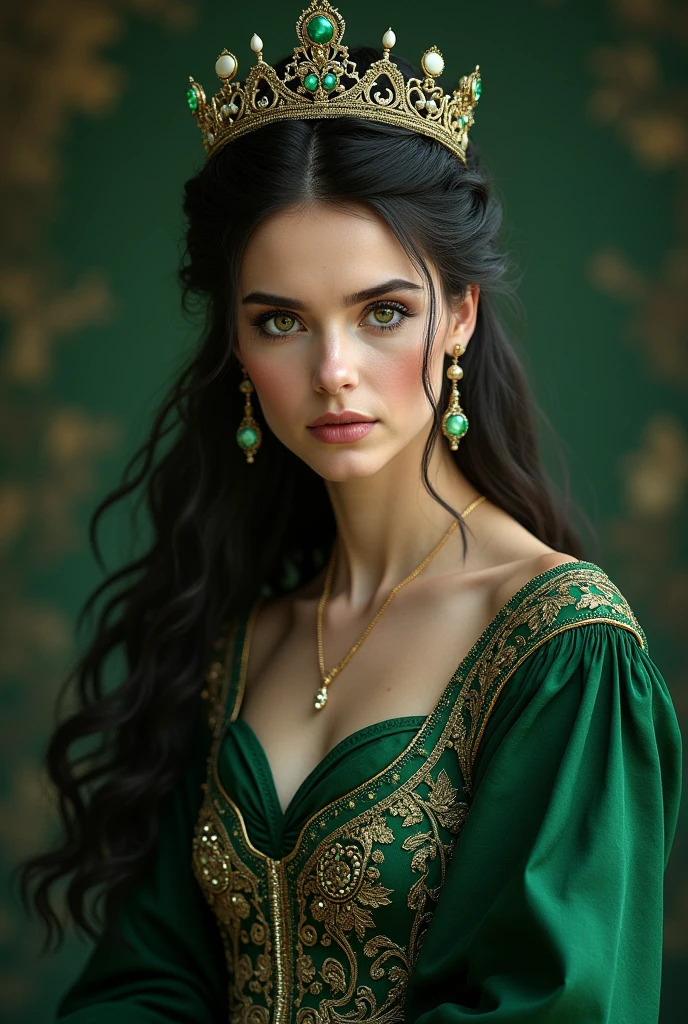 A beautiful tall woman , with big eyes , her hair will be styled in a medieval fashion, dark green with queenly green clothes and an emerald crown