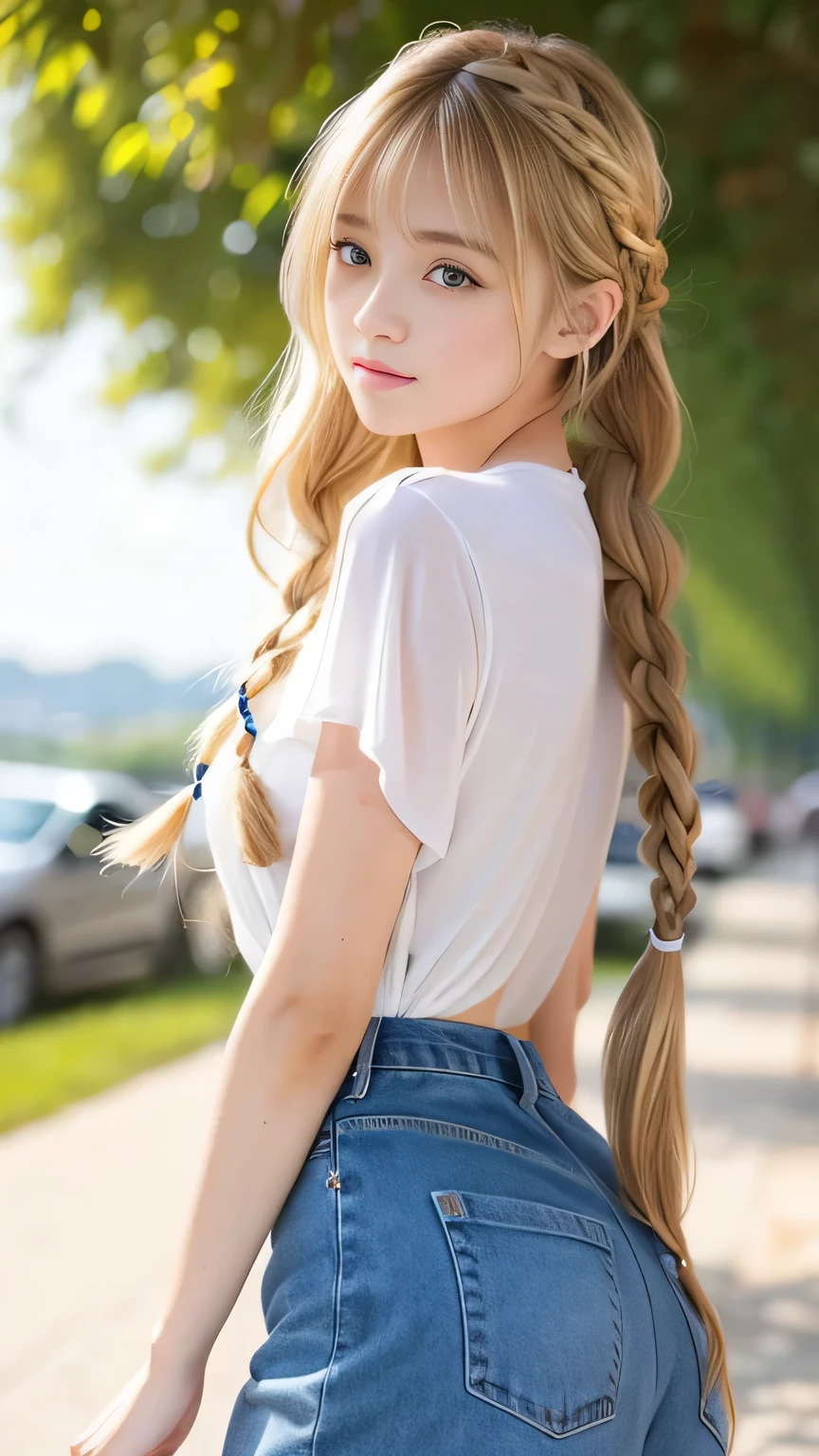 Sexy Big 、Sexy cute looks and cute beautiful girl, beautiful and sexy face、A strong wind blows my hair in front of my face、beautiful long blonde French braided hair、beautiful, Cute and sexy eyes hidden behind long bangs