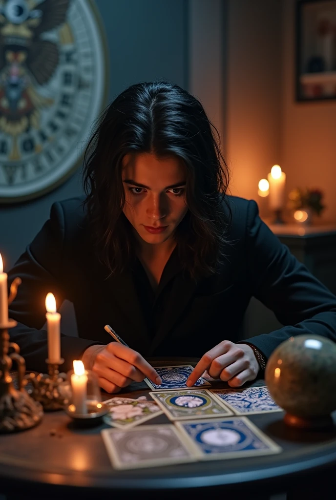 (work of art, high resolution:1.3), (photo of male ager with long dark hair in dark and mysterious environment:1.2), (Sony Alpha 1 Camera, Known for capturing exceptional detail and low-light performance:1.2), (paired with the Sony FE 24-70mm f/2.8 GM lens for versatile and sharp composition:1.2), ( surrounded by an aura of mystery and intrigue:1.1), (her esoteric clothing and enigmatic expression contribute to the atmosphere:1.1), (Sony Alpha 1 Camera capturing the intricate textures and subtle shades in the low-light setting:1.2), (a table adorned with tarot cards, spread out in a mystical formation:1.1), (flickering candles, casting dancing shadows across the room:1.1), (the low lighting increases the atmosphere of secrecy and mysticism:1.1), (eyes focused on the cards, as if seeking answers from the unknown:1.1), (a crystal ball nearby, adding to the mystical scenery:1.1), (symbols of astrology and esoteric knowledge decorating the room:1.1), (a hint of incense in the air, adding to the sensory experience:1.1), (A moment frozen in time, capturing the intense and introspective atmosphere of divination:1.1), (an image that invites viewers into a world of magic and spiritual insight, leaving them intrigued and curious:1.1), cinematic, 超detailded, insane details, beautifully color-graded, engine unreal, DOF, Super-resolution, Megapixels, cinematic lightning, Anti-aliasing, FKA, THAI, RTX, SSAO, Post-processing, post production, Tone-mapping, CGI, Visual effects, sound effects, Insanely detailed and intricate, Hyper maximalist, hiper-realisitic, Volumetric, fotorrealisitic, ultra photoreal, ultra detali, details Intricate, 8k, super verbose, full color, Volumetric lightning, HDR, realisitic, engine unreal, 16K, sharp focus, octane render INFO Size 1152X1536 Date Oct 7, 2023 Modo SeaArt 2.1 Tipo upscale Checkpoint & it