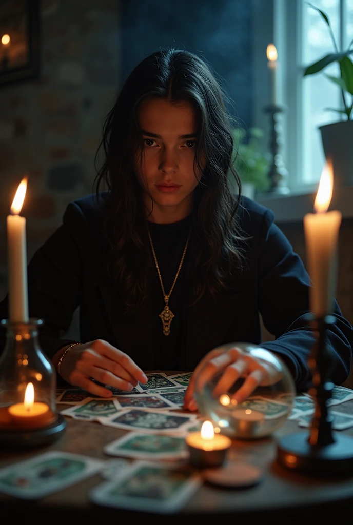 (work of art, high resolution:1.3), (photo of male teenager with long dark hair in dark and mysterious environment:1.2), (Sony Alpha 1 Camera, Known for capturing exceptional detail and low-light performance:1.2), (paired with the Sony FE 24-70mm f/2.8 GM lens for versatile and sharp composition:1.2), ( surrounded by an aura of mystery and intrigue:1.1), (her esoteric clothing and enigmatic expression contribute to the atmosphere:1.1), (Sony Alpha 1 Camera capturing the intricate textures and subtle shades in the low-light setting:1.2), (a table adorned with tarot cards, spread out in a mystical formation:1.1), (flickering candles, casting dancing shadows across the room:1.1), (the low lighting increases the atmosphere of secrecy and mysticism:1.1), (eyes focused on the cards, as if seeking answers from the unknown:1.1), (a crystal ball nearby, adding to the mystical scenery:1.1), (symbols of astrology and esoteric knowledge decorating the room:1.1), (a hint of incense in the air, adding to the sensory experience:1.1), (A moment frozen in time, capturing the intense and introspective atmosphere of divination:1.1), (an image that invites viewers into a world of magic and spiritual insight, leaving them intrigued and curious:1.1), cinematic, 超detailded, insane details, beautifully color-graded, engine unreal, DOF, Super-resolution, Megapixels, cinematic lightning, Anti-aliasing, FKA, THAI, RTX, SSAO, Post-processing, post production, Tone-mapping, CGI, Visual effects, sound effects, Insanely detailed and intricate, Hyper maximalist, hiper-realisitic, Volumetric, fotorrealisitic, ultra photoreal, ultra detali, details Intricate, 8k, super verbose, full color, Volumetric lightning, HDR, realisitic, engine unreal, 16K, sharp focus, octane render INFO Size 1152X1536 Date Oct 7, 2023 Modo SeaArt 2.1 Tipo upscale Checkpoint & it