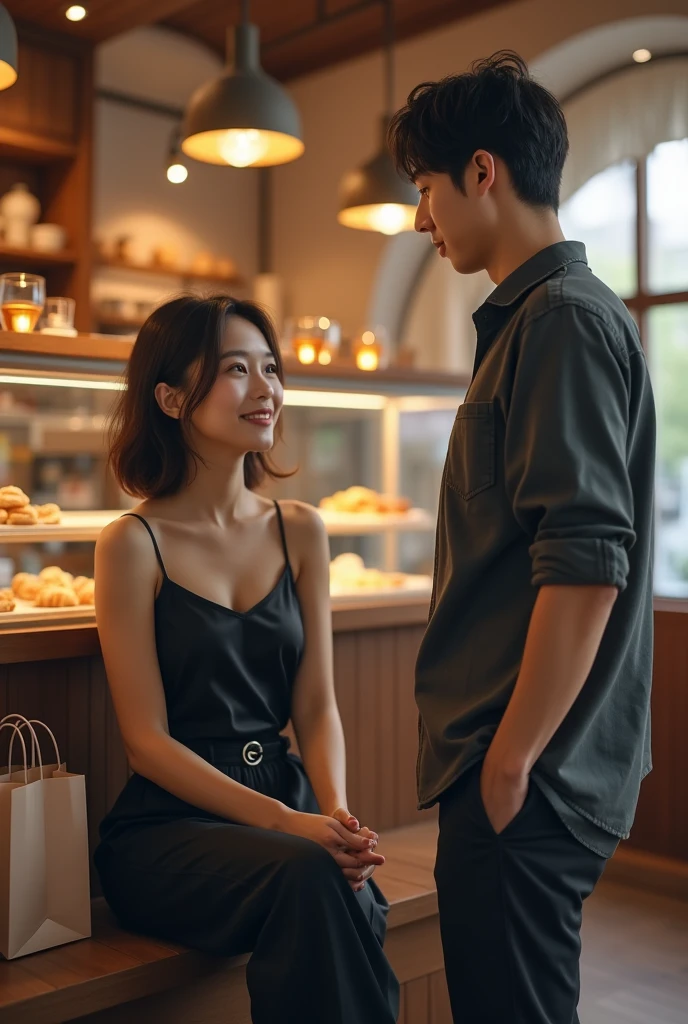 Korean woman sitting, 26 years old, loose brown hair, with a strip on the side, with tailored social pants and a black silk top with thin straps, in a pastry shop talking to ((strong American man 35 years old)). REAL WOMAN IMAGE CHAT, 3 shopping bags on the floor, AMERICAN MAN 38 YEARS OLD
Realistic image in 8k