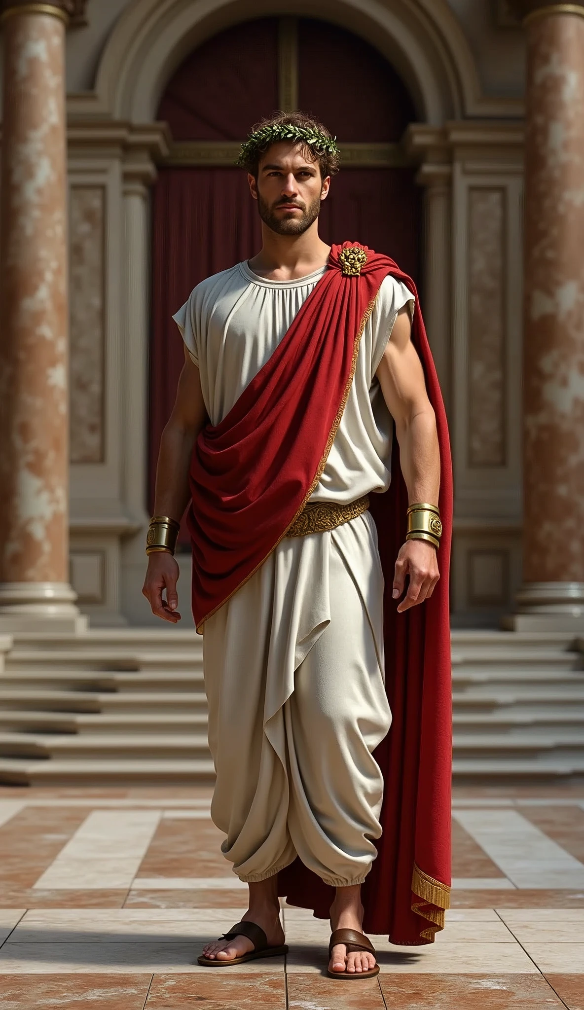 Front view, looking at viewer, 1 Male , Gaius Julius Caesar, ancient Roman palace 15 BC, He is 35age old, (light brown hair, shot hair, permanent hair, Brown eyes, serious), (Crown of olive leaf:1.3) , (wearing White an ancient Roman imperial ionic tunic:1.5), (Red Cloak put on shoulder:1.3), ((leather Sandal)), in Palace, in Roman, (holding one kingdom wand:1.3), stand on Mable floor , gorgeous Mable kingdom chair, textured skin , HI detailed skin, (foreshortening, Canon, 8k, anatomically correct, super detail, high details, highness,