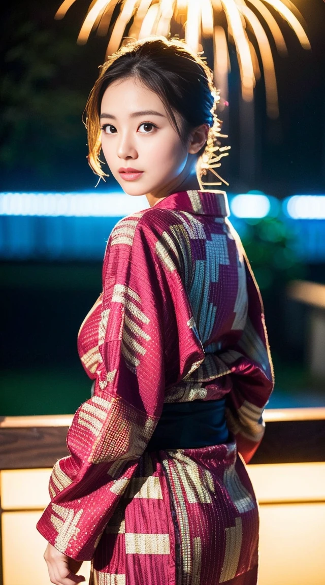 Dark brown hair、Light brown eyes、Japanese actress、 Lady、I am about 40 years old..、(Intricate details:1.2)、(Which is higher???:1.4)、 (Ultra-high resolution:1.2)、Ultra-high resolution、(Fine-tune)、(Detailed facial features)、Hmph、8k resolution、D cup size breasts、Long Hair、Hue、night、,Full body photo、firework、yukata、firework大会、日本のfirework、日本のyukata、band、Summer in Japan、yukata姿、Updo、Turning my back to the wall、I look back over my shoulder、
