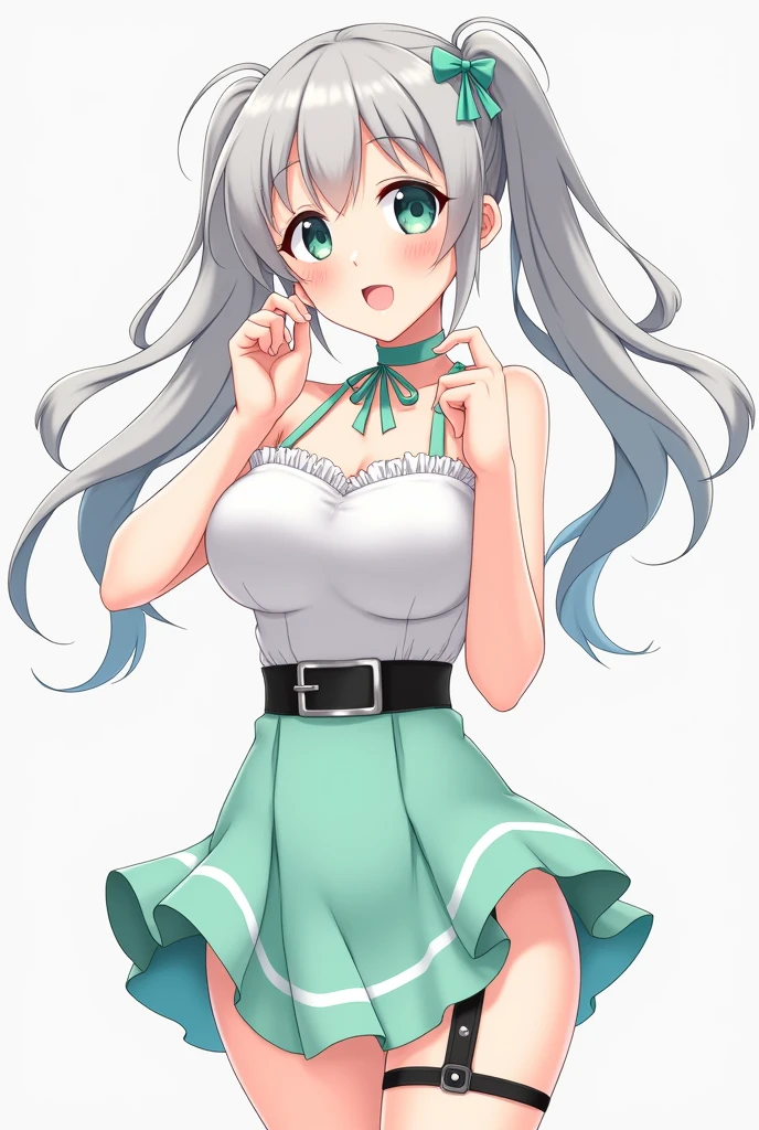 A , cute, and energetic young woman is wearing a white knit tank top and a mint green fishtail skirt.。Full body front view、anime、White skin、She has long, silver hair in half-twins.、Has a hairpin in her bangs。Idol-like costume、White frills on the dress、Black garter belt on thigh、She wears a mint green ribbon choker around her neck.。