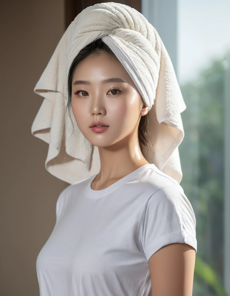 a young korean woman, towel-wrapped hair, ((wear regular t-shirt:2)), beautiful detailed eyes, full body, beautiful detailed lips, extremely detailed face and skin, natural skin, natural lighting, (best quality, 4k, 8k, highres, masterpiece:1.2), ultra-detailed, (realistic, photorealistic, photo-realistic:1.37), natural light, soft lighting, cinematic lighting, dramatic lighting, warm color tones, natural color palette, natural daylight, natural beauty
