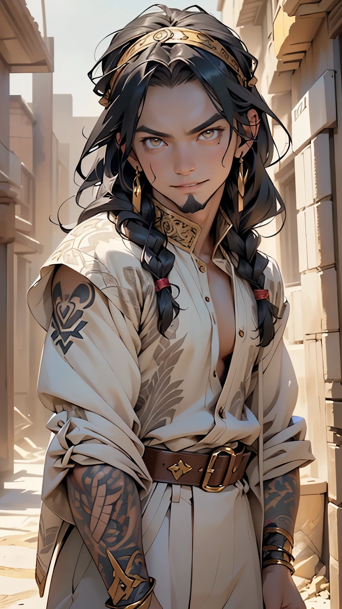 ((((Attila the Hun)))),man:1.5,1 man,(((1man))),((mature man)),

(((male gender:1.5,male focus))),

(((large black hair, black hair,long, braided hair, as was customary among Hun warriors))),((((thin beard dotted with gray)))),(((lustrous skin:1.5,bright skin: 1.5,skin tanned,shiny skin,very shiny skin,shiny body,illuminated skin))),(((brown_eyes:1.2))),intricate eyes,beautiful detailed eyes,symmetrical eyes,((man chest)),(((detailed face))),Strong and robust, Attila has a broad chest and strong shoulders,

fierce and terrible,

((classic tattoos of nomadic peoples)),Baggy pants and knee-length tunic, made of leather. Her lower tunic made of silk adorned with gold and precious stones, jeweled belt and a Hun-style crown,((bulge in pants)),((brown and yellow clothes theme,intricate outfit,intricate clothes)),

(dynamic pose:1.0),solo focus,((evil smile,evil look)),(centered,scale to fit dimensions,Rule of thirds),

((ash desert, land of nothingness, a lifeless desert land, there are ruins, gold)),scenery:1.25,((intricate scenery)),

(Glossy hun ornaments),highres,sharp focus,(ultra detailed,extremely detailed),(photorealistic artwork:1.37),(extremely detailed CG unity 8k wallpaper),(((vibrant colors,vibrant theme))),(intricate),(masterpiece),(best quality),artistic photography,(photography taken by sldr),(intricate background),perfect rendered face,perfect face details,realistic face,photo realistic,((intricate detail)),(((realism))),
