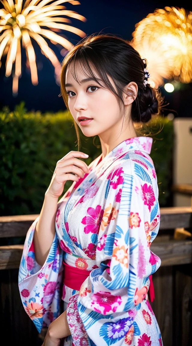 Dark brown hair、Light brown eyes、Japanese actress、 Lady、I am about 40 years old..、(Intricate details:1.2)、(Which is higher???:1.4)、 (Ultra-high resolution:1.2)、Ultra-high resolution、(Fine-tune)、(Detailed facial features)、Hmph、8k resolution、D cup size breasts、Long Hair、Hue、night、,Full body photo、firework、yukata、firework大会、日本のfirework、日本のyukata、band、Summer in Japan、yukata姿、Updo、