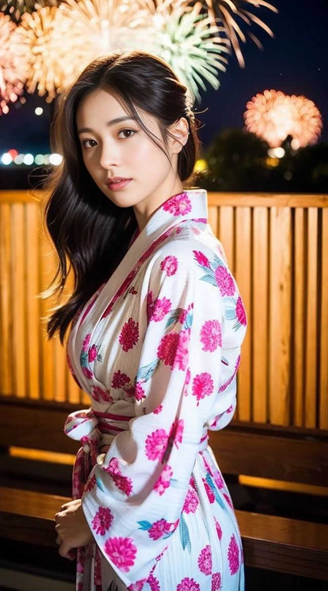 Dark brown hair、Light brown eyes、Japanese actress、 Lady、I am about 40 years old..、(Intricate details:1.2)、(Which is higher???:1.4)、 (Ultra-high resolution:1.2)、Ultra-high resolution、(Fine-tune)、(Detailed facial features)、Hmph、8k resolution、D cup size breasts、Long Hair、Hue、night、,Full body photo、firework、yukata、firework大会、日本のfirework、日本のyukata、band、Summer in Japan、yukata姿、Updo、