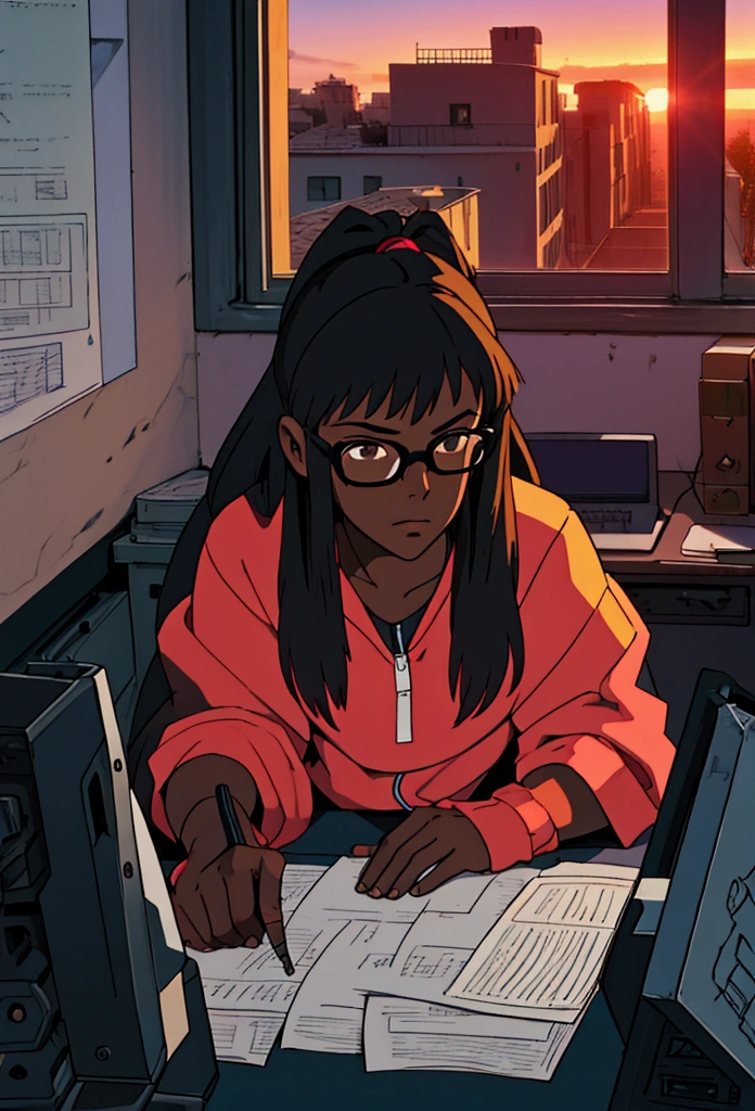 black female character, dark skinned, black girl, 30, long hair, brown eyes, blue light, wearing acne studio, rockstar, typing at a computer red glasses, programmer, gamer, panoramic window view of neighborhood, sunset, luxury decor