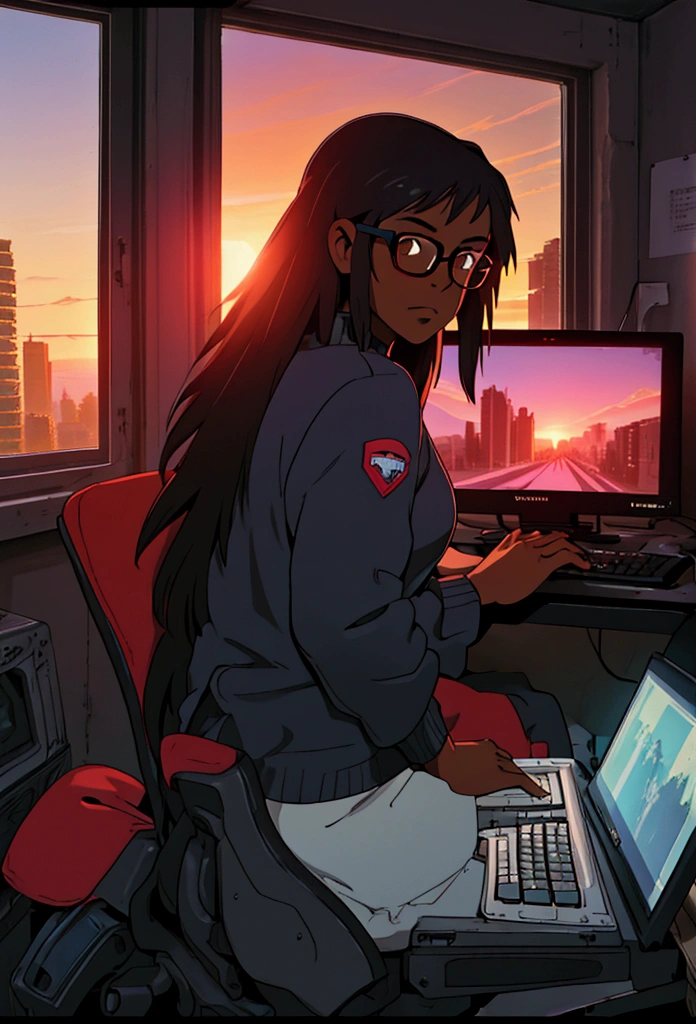 black female character, dark skinned, black girl, 30, long hair, brown eyes, blue light, wearing acne studio, rockstar, typing at a computer red glasses, programmer, gamer, panoramic window view of neighborhood, sunset, luxury decor