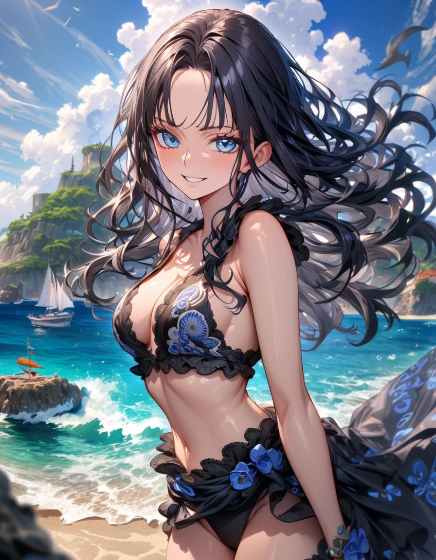 absurdres, highres, ultra detailed, HDR, master piece, best quality, extremely detailed, Nico Robin, black hair, without bangs, expressive blue eyes, One Piece, solo, woman, beautiful, smile, black bikini, island, sea, beach