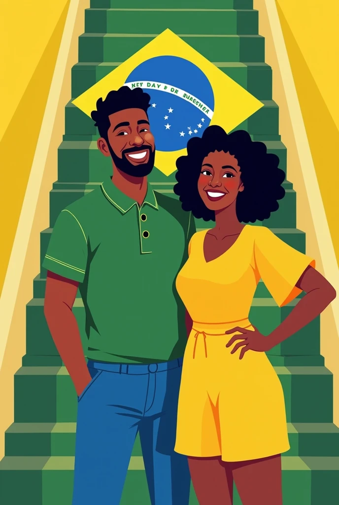 Create an illustration of two characters in a flat design style, standing in front of a large staircase that has the Brazilian flag painted on it. The characters should be diverse: one is a man with black hair and medium brown skin, and the other is a woman with dark skin and curly hair. Both characters are smiling and appear very happy.
Their outfits should incorporate the colors of the Brazilian flag, such as green, yellow, and blue. The man could be wearing a green shirt with blue pants, and the woman could be in a yellow dress with green accents. The background should feature a vibrant, solid color that complements the scene, emphasizing the joyful and celebratory mood. The overall composition should convey a sense of pride and happiness, with the characters standing confidently on or near the staircase, their expressions full of excitement