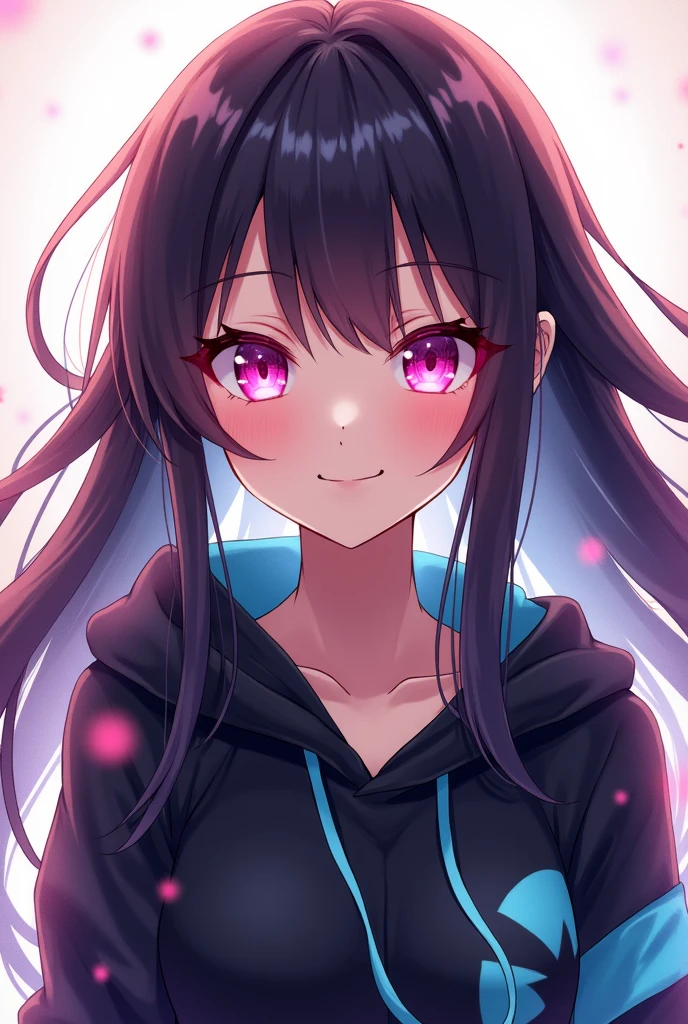 Black Hair,Straight Bangs,,Pink Eyes,smile,Bukavka black hoodie,light blue,Bright atmosphere,Genshin Impact