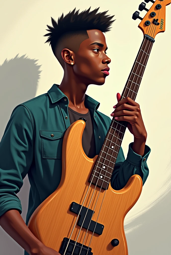 Young dark-skinned man, 23 years old, with a razor-sharp fade haircut holding a 5-string bass guitar in natural wood color