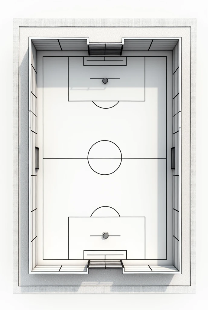 Architectural plan of a medium-sized futsal court in a closed school (no colors) with more spaced edges and a grid around the walls of the closed court