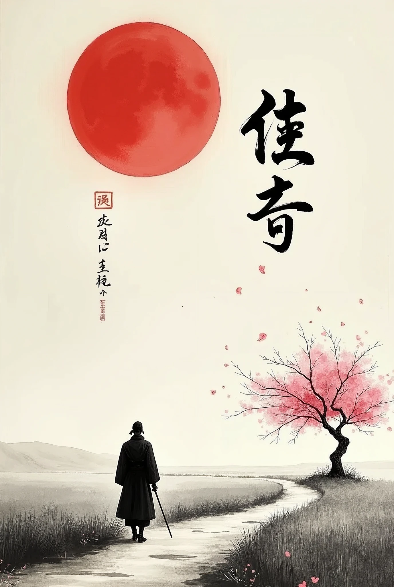 black and white drawing in Japanese style, Samurai in the distance (man, adult person) walking along a path through a field, a single pink cherry blossom tree nearby, Red moon in the sky, The picture above shows a Japanese kanji "quiet". Everything is harmonious around