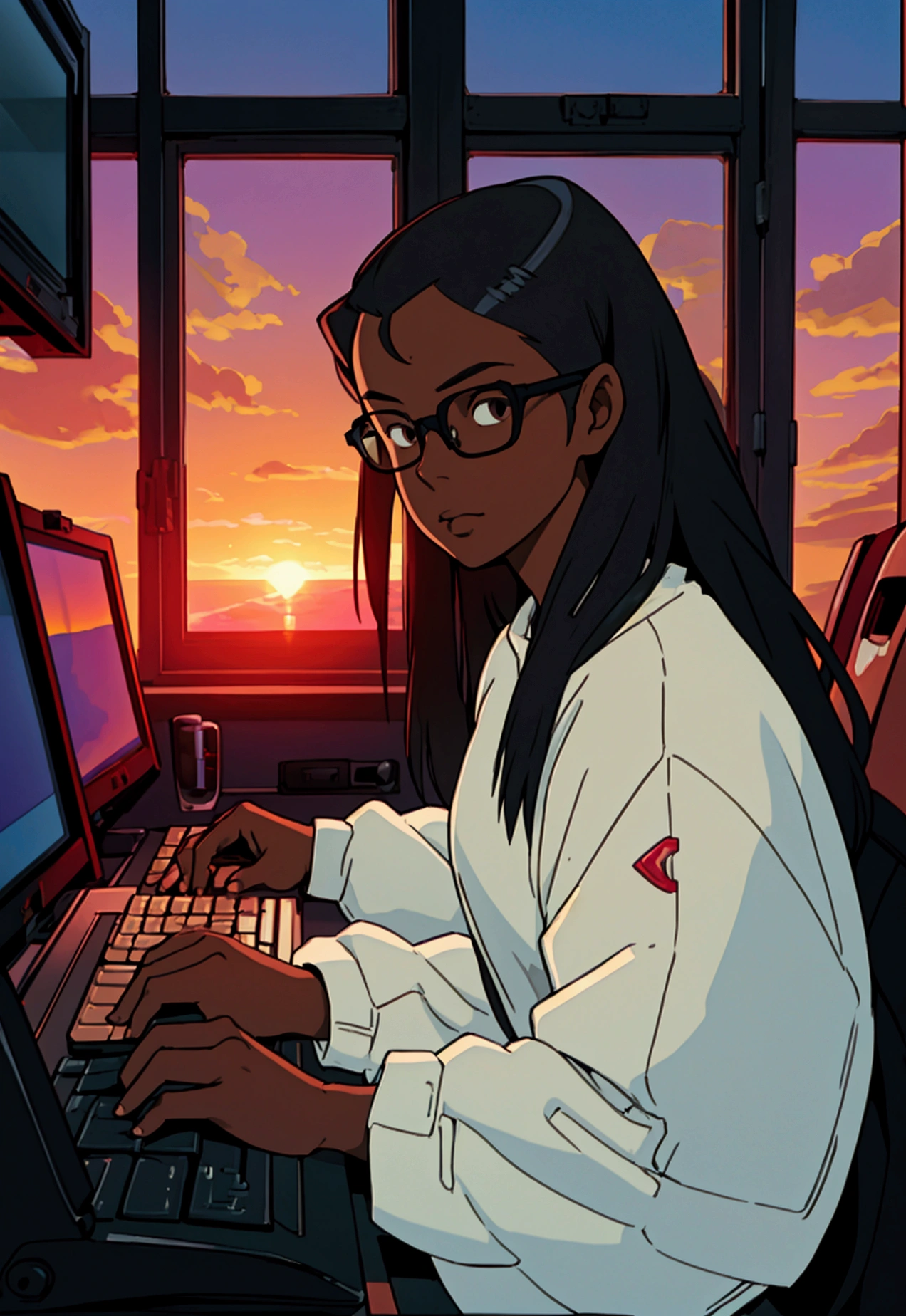black female character, dark skinned, black girl, 30, long hair, brown eyes, blue light, wearing acne studio, rockstar, typing at a computer red glasses, programmer, gamer, panoramic window view of neighborhood, sunset, luxury decor