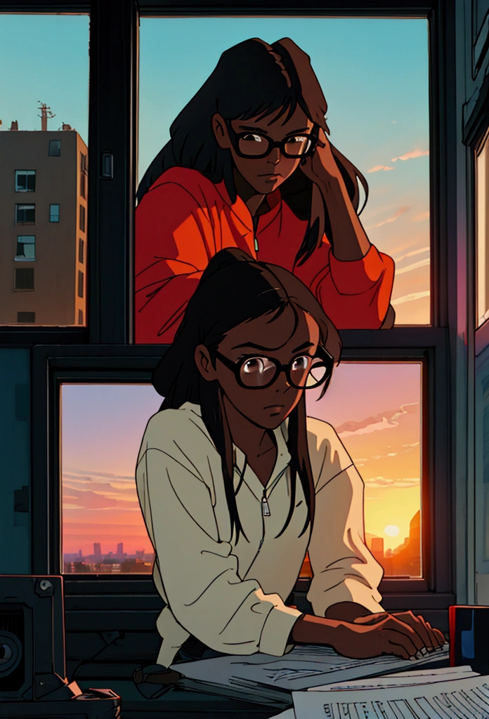 black female character, dark skinned, black girl, 30, long hair, brown eyes, blue light, wearing acne studio, rockstar, typing at a computer red glasses, programmer, gamer, panoramic window view of neighborhood, sunset, luxury decor