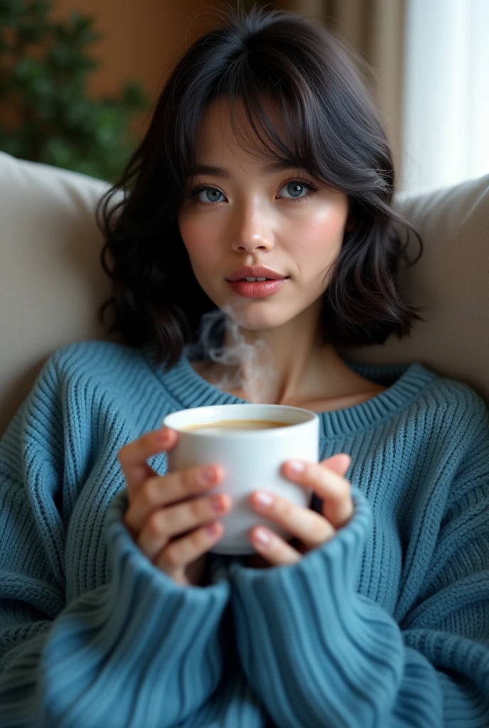 young woman, PICTURE REALISTIC, she has black hair, blue colored eyes, blue sweater, has bangs, She's sitting on the couch, drinking coffee.