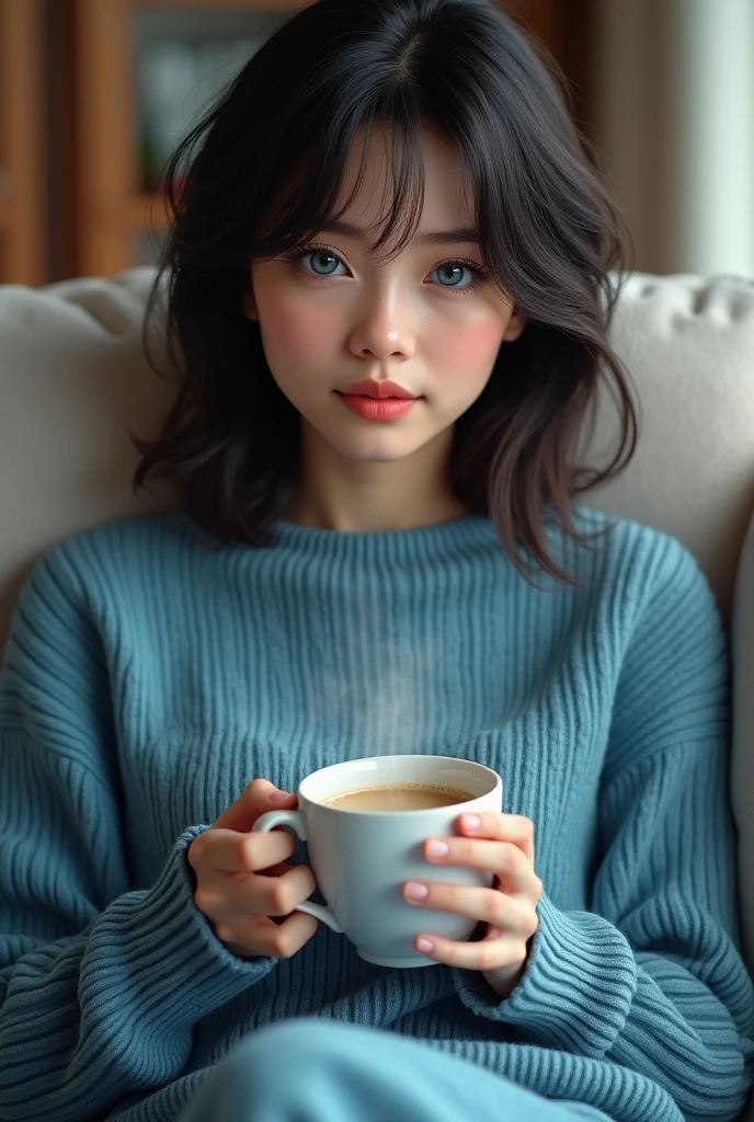 young woman, PICTURE REALISTIC, she has black hair, blue colored eyes, blue sweater, has bangs, She's sitting on the couch, drinking coffee.