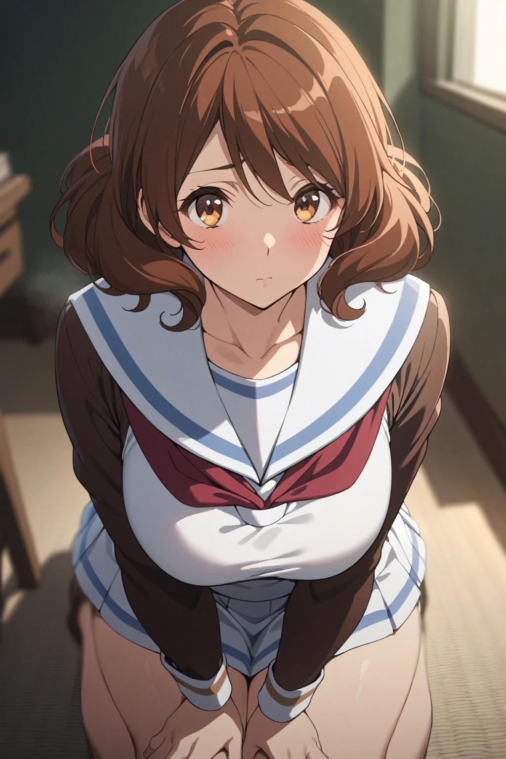 1 girl, oumae kumiko, (big breasts) medium hair, masterpiece, best quality, sailor uniform, blushing, looking at viewer, sexy posture
