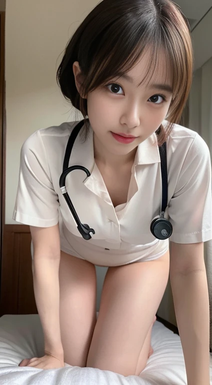 The best beauty、innocent、japanese woman, Small face、(wearing Nurse uniform)、Female nurse, sit astride a man's knees、very slim body, Slender, very long legs, very slim thighs, small butt, Beautiful clavicle、white skin, smile、RAW Photos, (8k、Highest quality、masterpiece:1.2)、(Intricate details:1.4)、(Photorealistic:1.4)、Octane Rendering、Complex 3D rendering with ultra-detail, Studio Soft Light, Rim Light, Vivid details, Super Detail, Realistic skin texture, Detailed aspect, Beautiful details in the eyes, Highly detailed CG Unity 16k wallpaper, compensate, (Detailed Background:1.2), Glowing Skin, whole body,Squat down and bend your knees,nude, show pantie ,Lower your head with your butt facing up, Leaning forward、Look up on all fours, Tuck up your clothes, Place the stethoscope on the man., Holding a man's shoulders with both hands、Lace panties、Focus on panties, front view, low angle