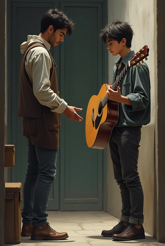 A young man hands his guitar to a merchant. The scene shows the sadness and resignation of the protagonist, Who is holding the guitar with both hands, while the merchant extends his to receive it. The protagonist's expression should reflect his emotional attachment to the instrument.