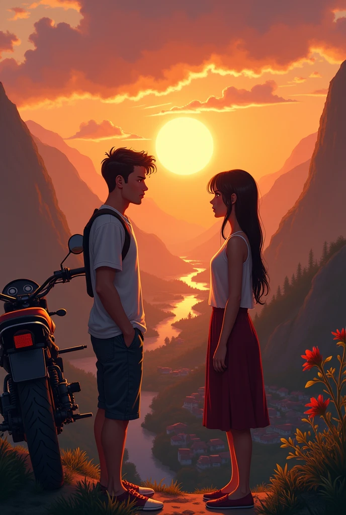 Create an image of a couple at a viewpoint watching the sunset, in the background a small town with mountains, and a motorcycle next to the couple, where it can be seen that the couple is having an argument over a lie 