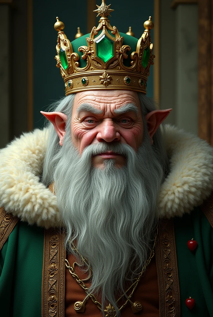 An ugly king, already old with gray hair, with a green emerald crown, short and stout