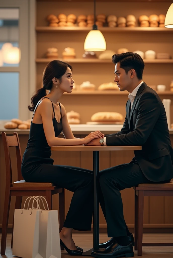 Korean woman sitting, 26 years old, loose brown hair, with a strip on the side, with tailored social pants and a black silk top with thin straps, in a pastry shop talking to ((strong American man 35 years old)). REAL WOMAN IMAGE CHAT, 3 shopping bags on the floor, 38-YEAR-OLD AMERICAN MAN, they are sitting at a table and serious
Realistic 8k image