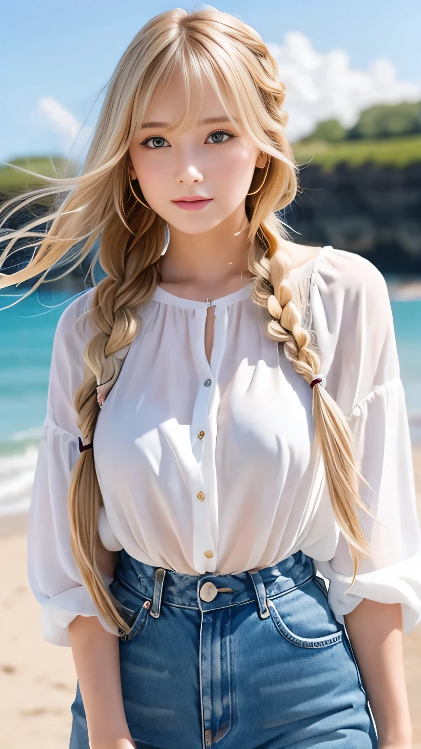Sexy Big 、Sexy cute looks and cute beautiful girl, beautiful and sexy face、A strong wind blows my hair in front of my face、beautiful long blonde French braided hair、beautiful, Cute and sexy eyes hidden behind long bangs