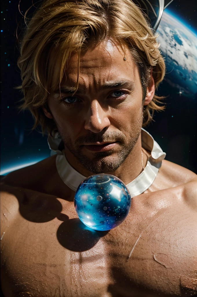 painting of a man in a white ripped dress with a large bubble, ((blonde man with dick slip,)) cosmic god, goddess of galaxies, cyborg god in cosmos, portrait of a cosmic god, Hugh Jackman, cosmic greek god, goddess of space and time, his hair is the milky way, album art, official artwork, hunk in space, Prada, homoerotic, nsfw