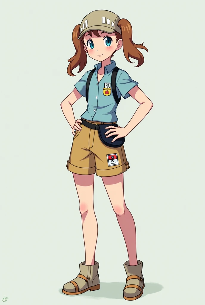 May is a slim and toned young woman, with light brown hair that falls in two soft, silky pigtails to her shoulders. Her big blue eyes, almost sapphire, shine with enthusiasm, while her clear, smooth skin has a slight natural blush. He wears a red short-sleeved T-shirt, tight to the torso, with black edges on the collar and sleeves. A black ribbon surrounds her waist, not just adjusting the shirt, but hiding a secret inner pocket. His white shorts, with double stitching for durability, They have a small Pokémon League badge embroidered in silver thread on one of the side pockets., a detail that reflects her aspiration to be an elite coach. May also wears a blue fanny pack around her waist., with a hidden compartment for important items. Her signature red scarf is tied neatly around her head., with ends that fall symmetrically down her back. The black fingerless gloves he wears are made of a strong yet flexible material., allowing you a firm grip. Finally, his red sneakers, with white details and a non-slip sole, They are equipped with high-strength cords, ensuring that you are always ready for any adventure.