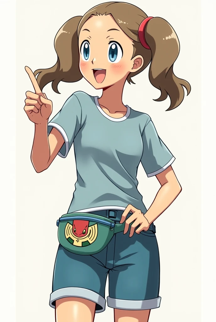 May is a slim and toned young woman, with light brown hair that falls in two soft, silky pigtails to her shoulders. Her big blue eyes, almost sapphire, shine with enthusiasm, while her clear, smooth skin has a slight natural blush. He wears a red short-sleeved T-shirt, tight to the torso, with black edges on the collar and sleeves. A black ribbon surrounds her waist, not just adjusting the shirt, but hiding a secret inner pocket. His white shorts, with double stitching for durability, They have a small Pokémon League badge embroidered in silver thread on one of the side pockets., a detail that reflects her aspiration to be an elite coach. May also wears a blue fanny pack around her waist., with a hidden compartment for important items. Her signature red scarf is tied neatly around her head., with ends that fall symmetrically down her back. The black fingerless gloves he wears are made of a strong yet flexible material., allowing you a firm grip. Finally, his red sneakers, with white details and a non-slip sole, They are equipped with high-strength cords, ensuring that you are always ready for any adventure.