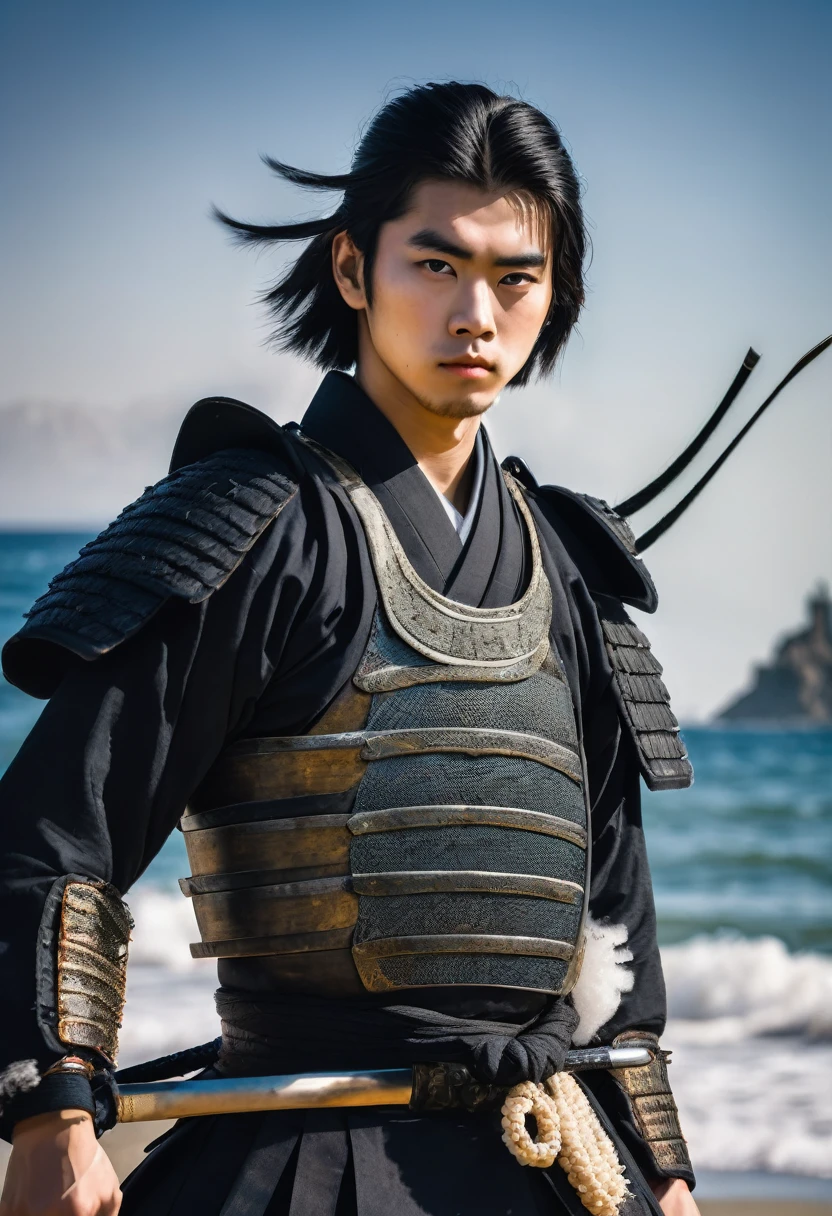 ((best quality)), ((masterpiece)), (detailed)), Portrait of an 18-year-old young samurai with black hair tied up in motion, wearing black samurai armor made of scales, standing on a beach with a ship in the background. Camera angle: Medium shot, capturing the strength and resolve of the samurai, with the serene yet powerful beach setting enhancing the scene.