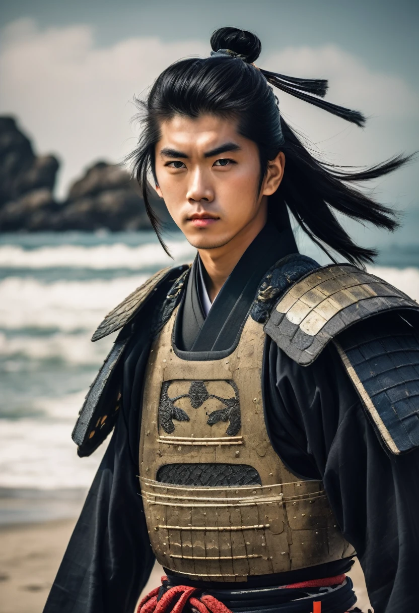 ((best quality)), ((masterpiece)), (detailed)), Portrait of an 18-year-old young samurai with black hair tied up in motion, wearing black samurai armor made of scales, standing on a beach with a ship in the background. Camera angle: Medium shot, capturing the strength and resolve of the samurai, with the serene yet powerful beach setting enhancing the scene.
