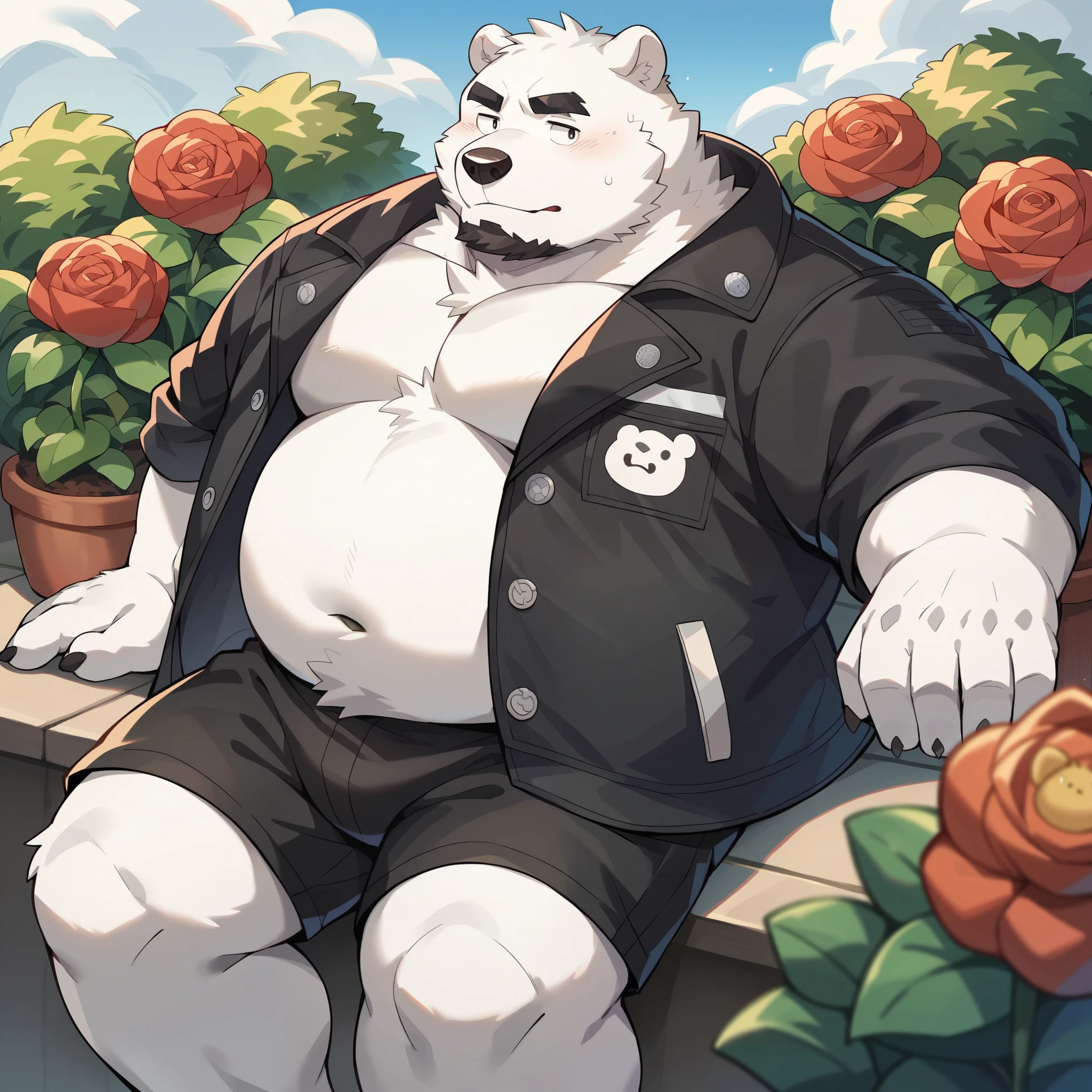 Scribble polar bear face,Humanity(polar bear),(Black jacket:1.3),Chubby,(Black eyebrows:1.1),(Perfect eyes),White fur,(artist:Takemoto Arashi),garden,(black shorts:1.3),paw,(black beard:1.3)