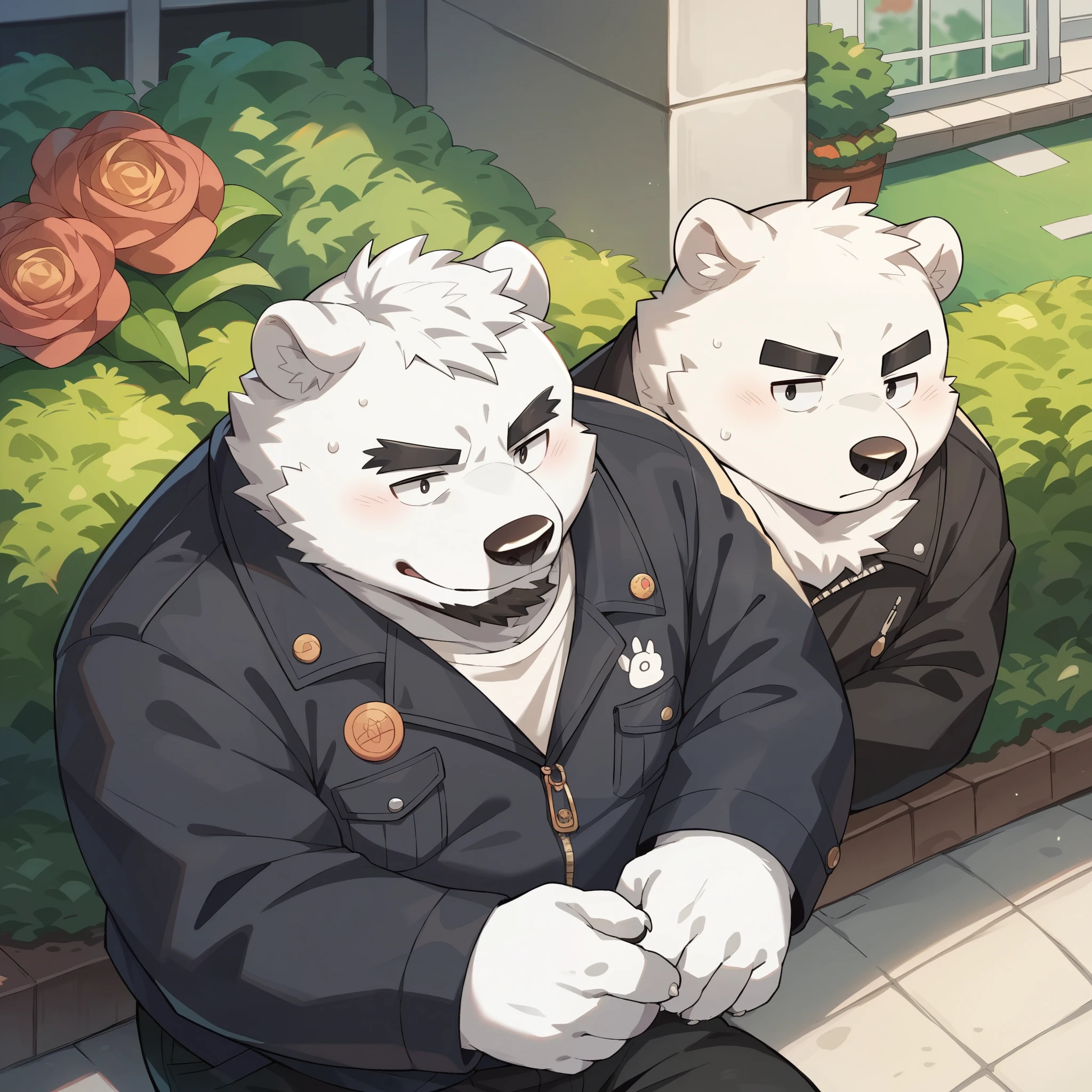 Scribble polar bear face,Humanity(polar bear),(Black jacket:1.3),Chubby,(Black eyebrows:1.1),(Perfect eyes),White fur,(artist:Takemoto Arashi),garden,(black shorts:1.3),paw,(black beard:1.3)