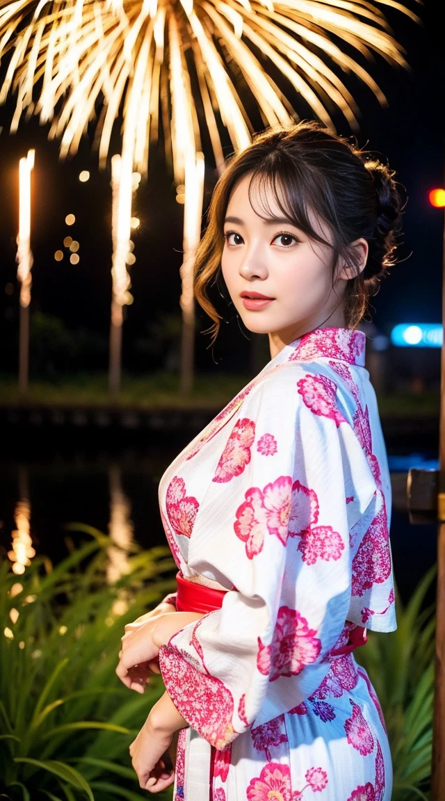 Dark brown hair、Light brown eyes、Japanese actress、 Lady、I am about 40 years old..、(Intricate details:1.2)、(Which is higher???:1.4)、 (Ultra-high resolution:1.2)、Ultra-high resolution、(Fine-tune)、(Detailed facial features)、Hmph、8k resolution、D cup size breasts、Long Hair、Hue、night、,Full body photo、firework、yukata、firework大会、日本のfirework、日本のyukata、band、Summer in Japan、yukata姿、Updo、ホワイトベースのyukata、