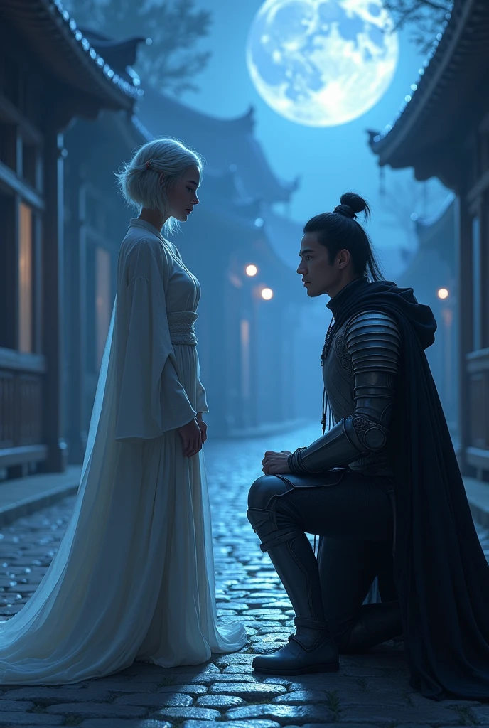 "Are you my master?"; BREAK A (photorealistic masterpiece) (highly detailed faces, fantasy illustrations with gothic, with muted colors), BREAK (this is a "city of shadows" with distant lights glittering. Pale blue moonlight illuminates the cobbled stone); BREAK (Elf sorceress: a beautiful young Elf woman with short silvery hair, delicate features, pale skin, and lavender eyes); wearing pale robes BREAK (ArmoredKnight: handsome Chinese man, medieval Chinese-style lamellar armor, black cloak, carrying a jen-sword glimmering blue) and (kneeling:1.3), BREAK (female elf on left and dark ArmoredKnight on right facing each other in blue moonlight as the knight (((kneels))) in allegiance); BREAK:  the dark armoredknight kneels.